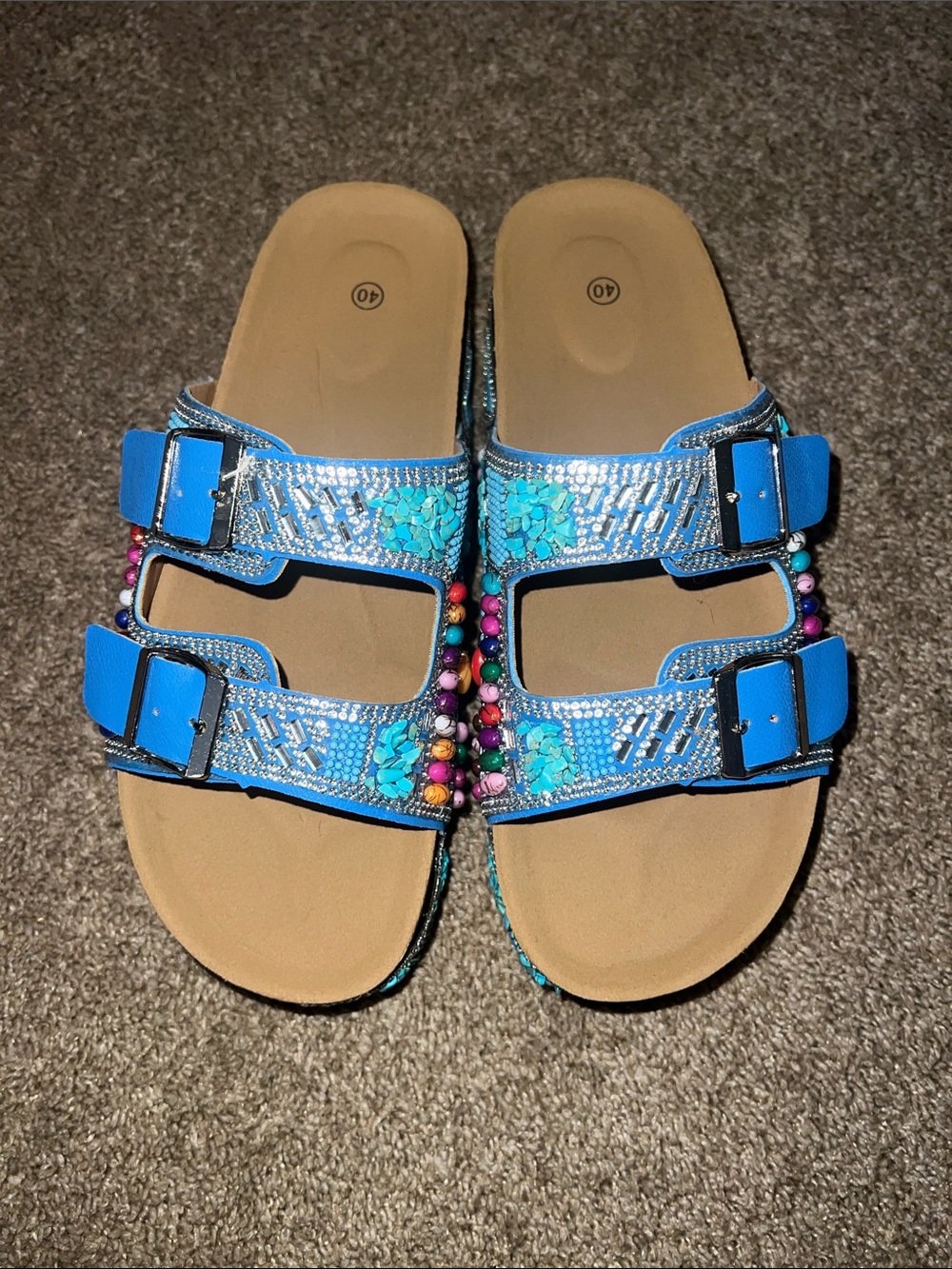 Blue Beaded Double-Buckle Slide Sandals